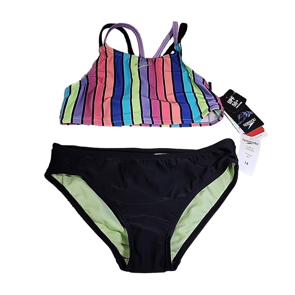 Speedo Girl's Size 14 Black Pink Blue Striped Bikini Swimsuit NWT